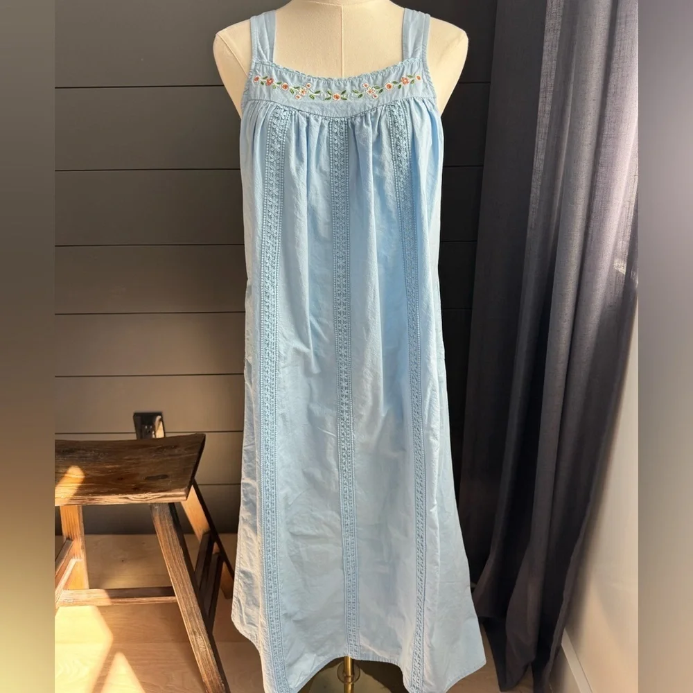 Yozly Blue Cottagecore Floral Cotton Day Dress Loungewear Nightgown Embroidered - Picture 1 of 8